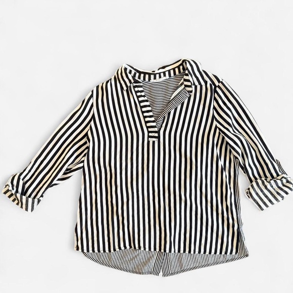 Jane and delancey Black white Stripe 3/4 cuffed sleeve blouse large referee blou - Picture 2 of 9